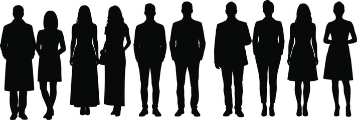 Silhouette group of men and women standing in formal and casual attire, diverse team, professional business people, office staff, teamwork concept, vector illustration.