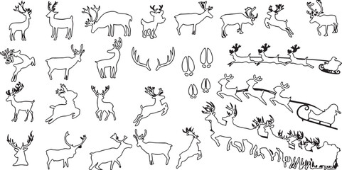 reindeer, deer, caribou, animal, wildlife, christmas, holiday, santa claus, sleigh, sled, pulling, harness, antlers, hooves, running, jumping, standing, head, paw print, hoof print, silhouette, outlin