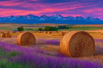 Hay bales lavender field with stunning sunset over snowcapped mountains.