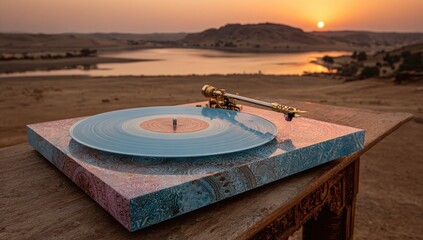 A decorative turntable sits atop a wooden table overlooking a serene lake at sunset.