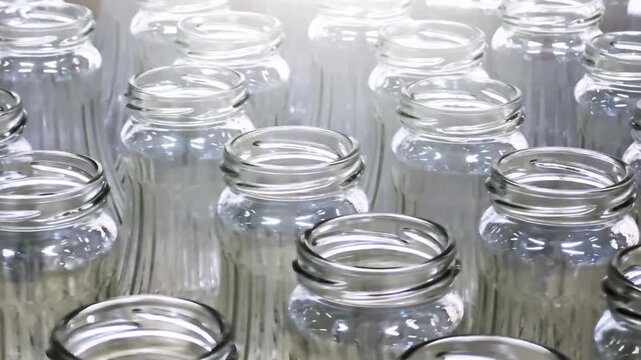 Empty Glass Jars Production Line Manufacturing | Clear Mason Jars with Screw Lids Ready for Packaging | Food Storage Container Factory