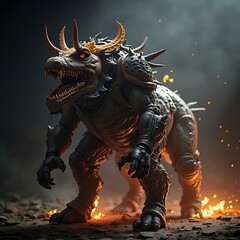 Monster Creature with Armor Roaring in a Dark Environment