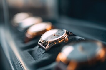Elegant timepieces arranged neatly in display case showcase craf