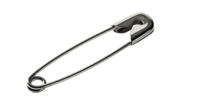 A single silver safety pin isolated on a clean black background