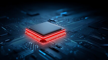 A detailed, futuristic rendering showcases a central processing unit illuminated with vibrant red light, embedded within a complex network of circuit board pathways, evoking innovation.