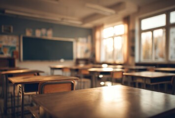 Fototapeta premium Empty Classroom with Desks and Chairs Bathed in Natural Light from Large