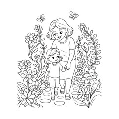 Two children holding hands in a garden surrounded by blooming flowers and foliage