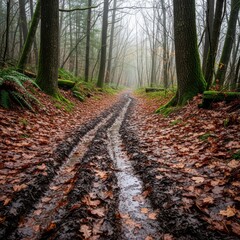 Misty Autumn Forest Path with Muddy Trail and Fallen Leaves