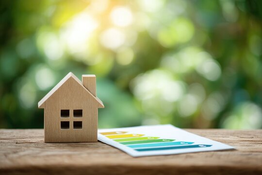Wooden house model on a table, alongside an energy efficiency chart against a blurred natural background