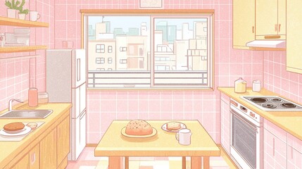 Fototapeta premium Pastel-toned kitchen interior with city view.