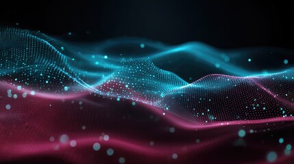 Abstract digital wave form with glowing particles. Dark background with turquoise and magenta/pink undulating lines of interconnected dots and sparkles