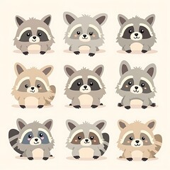 Fototapeta premium Cute Raccoon Cartoon Characters Illustration Collection