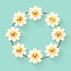 Daisy Flower Circle with Smiling Faces on Light Blue Background