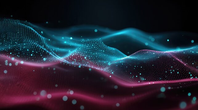 Abstract digital wave form with glowing particles.  Dark background with turquoise and magenta/pink undulating lines of interconnected dots and sparkles