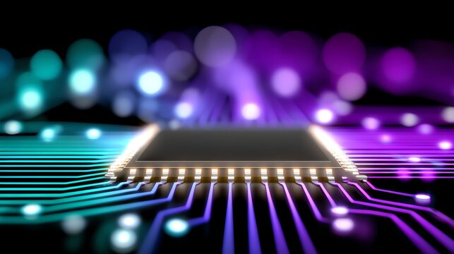 A digitally rendered microchip rests upon a glowing circuit board, illuminated by vibrant teal and purple bokeh, evoking a sense of futuristic technology and innovation.