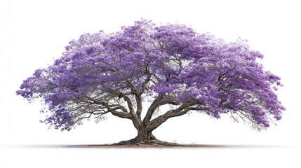 Obraz premium Sprawling tree with dense, vibrant purple blossoms, against a stark white background