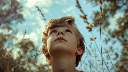 A young boy in a natural setting gazing upwards towards the sky, full of curiosity and wonder.