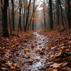 Obraz premium Misty Autumn Forest Path with Muddy Trail and Fallen Leaves