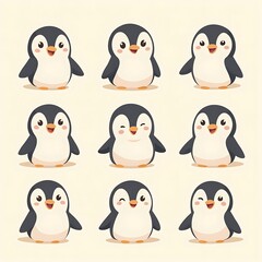 Naklejka premium Cartoon Penguins Posing with Smiling and Winking Expressions