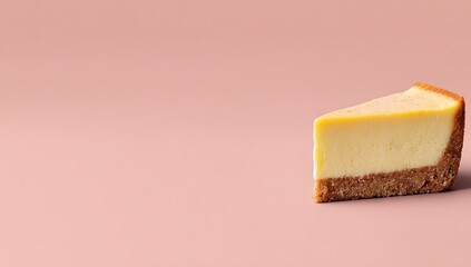 Creamy cheesecake slice against a muted pink backdrop