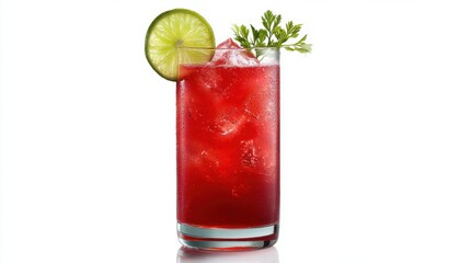 Refreshing red cocktail garnished with lime slice and fresh herbs in a tall glass