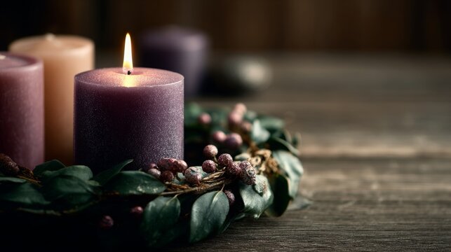 Single candle lit on advent wreath for first week of advent with pillar candles, wood background and copy space - Powered by Adobe