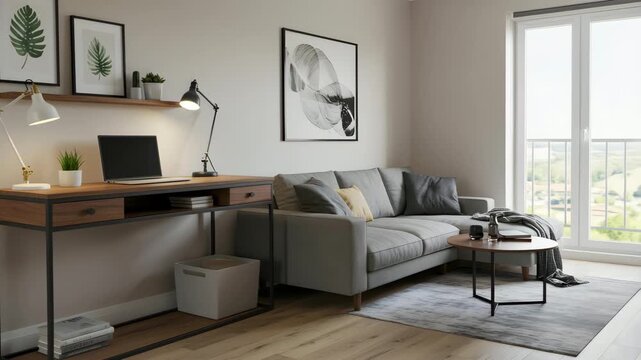 Stylish living room and home office combo with grey sectional sofa, wooden desk, and green plants, modern interior