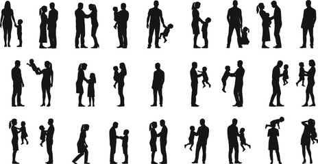 Silhouette of diverse family moments, parents holding children, playing, walking together, loving care, parenthood, bonding, father and mother interaction, child development, happiness, togetherness.