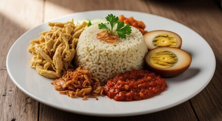 Delicious plate of Asian savory rice accompanied by tender shredded chicken, flavorful soy sauce eggs, and a side of hot chili paste