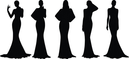 Silhouette of elegant women in long evening gowns, fashion models posing, stylish female figures, glamour, beauty, sophistication, runway style, chic dresses, graceful posture, formal wear