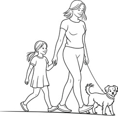 Mother and daughter walking their dog on a leash in a simple line drawing style