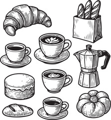 hand-drawn set of coffee and bakery vintage
