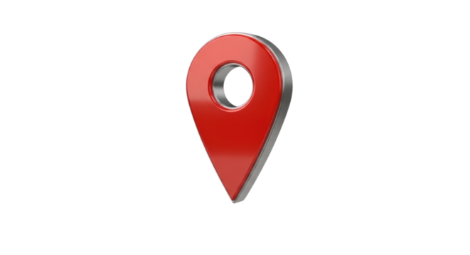 Red 3D location map pin icon on transparent black background view