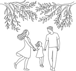 Family celebrating under a sukkah adorned with natural greenery and branches