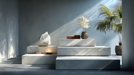 Wabi - Sab Interior Display Scene, Marble Stepped Platforms, Natural Stone & Floral, Light - Shadow Atmosphere Design