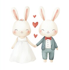 Watercolor Illustration of Cute Rabbits in Wedding Attire