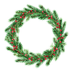 Watercolor Christmas Wreath with Green Pine Needles and Red Berries.