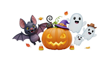 Halloween Pumpkin Ghosts Bat Cat and Candy.