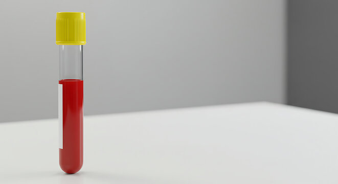 Vibrant red blood fluid inside a clear glass test tube with a bright yellow cap, standing upright on a sterile white surface, symbolizing medical research and diagnostic procedures for health analysis
