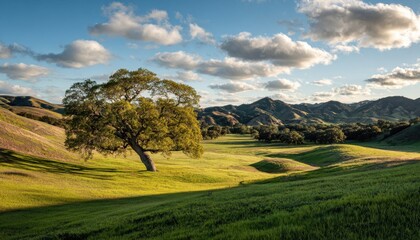 Fototapeta premium Scenic landscape featuring rolling green hills, a solitary tree, and a bright sky with clouds