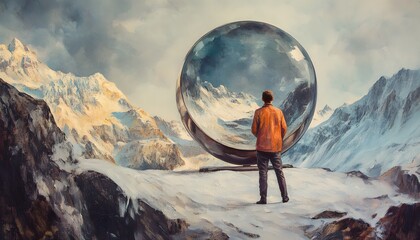 The artwork depicts a person standing before a large, reflective sphere that mirrors a dramatic, snow-capped mountain landscape.