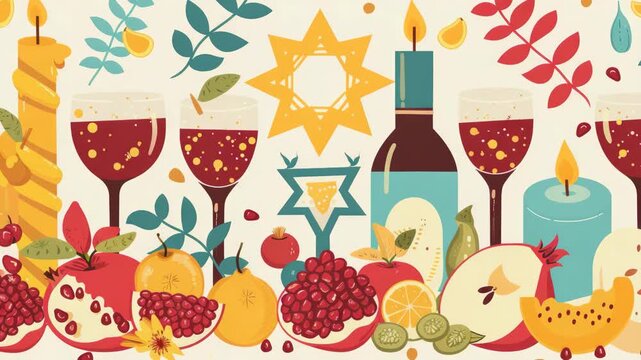 A table with a variety of fruits and wine glasses. There are apples, oranges, and pomegranates on the table
