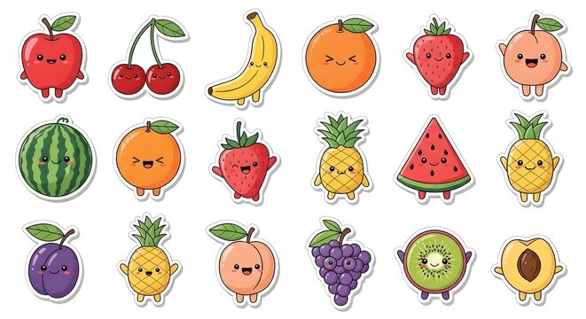 Adorable fruit sticker sheet illustration with playful cartoon characters and pastel colors, perfect for crafts and decoration.