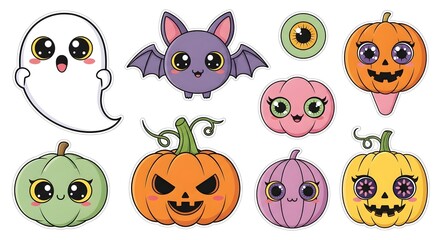 Obraz premium Adorable kawaii Halloween sticker sheet with cute ghosts, bats, pumpkins, and playful scary eyes for crafts and decorations.