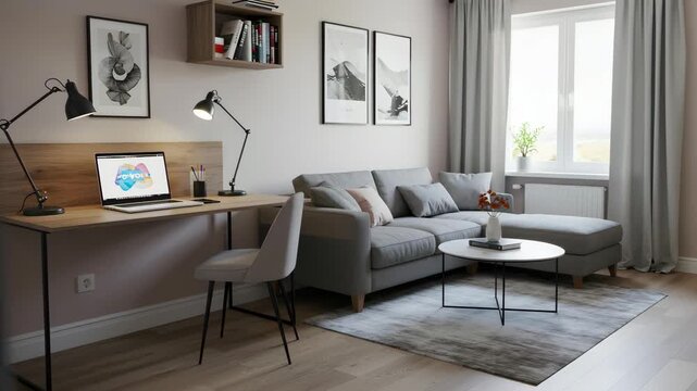 Modern living room with grey sectional sofa and functional home office workspace, contemporary apartment interior