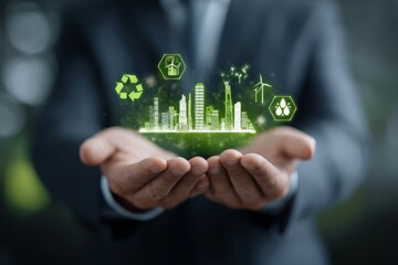Business leader presenting holographic sustainability concept