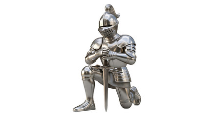 Naklejka premium Kneeling Knight in Shiny Silver Armor with Sword.