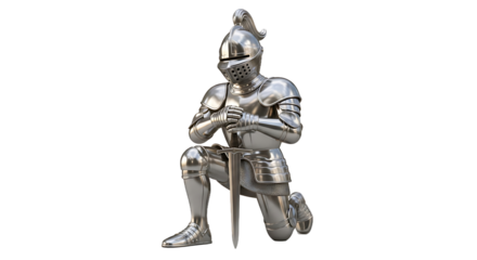 Kneeling Knight in Shiny Silver Armor with Sword.