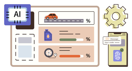 Vehicle performance dashboard showing AI integration, fuel status, tire pressure, engine oil, and security features. Ideal for automation, IoT, technology, AI systems innovation data analysis