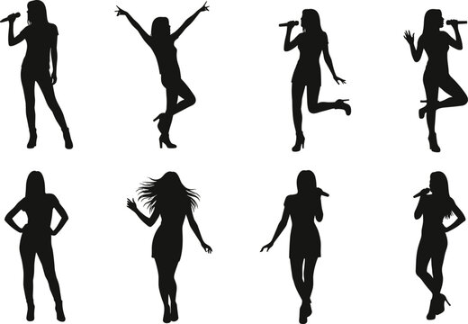 Silhouettes of female singers, microphone performance, dancing women, music pose, concert talent, pop stars illustration, stage performers, energetic vocalists, entertainment, black vector figures